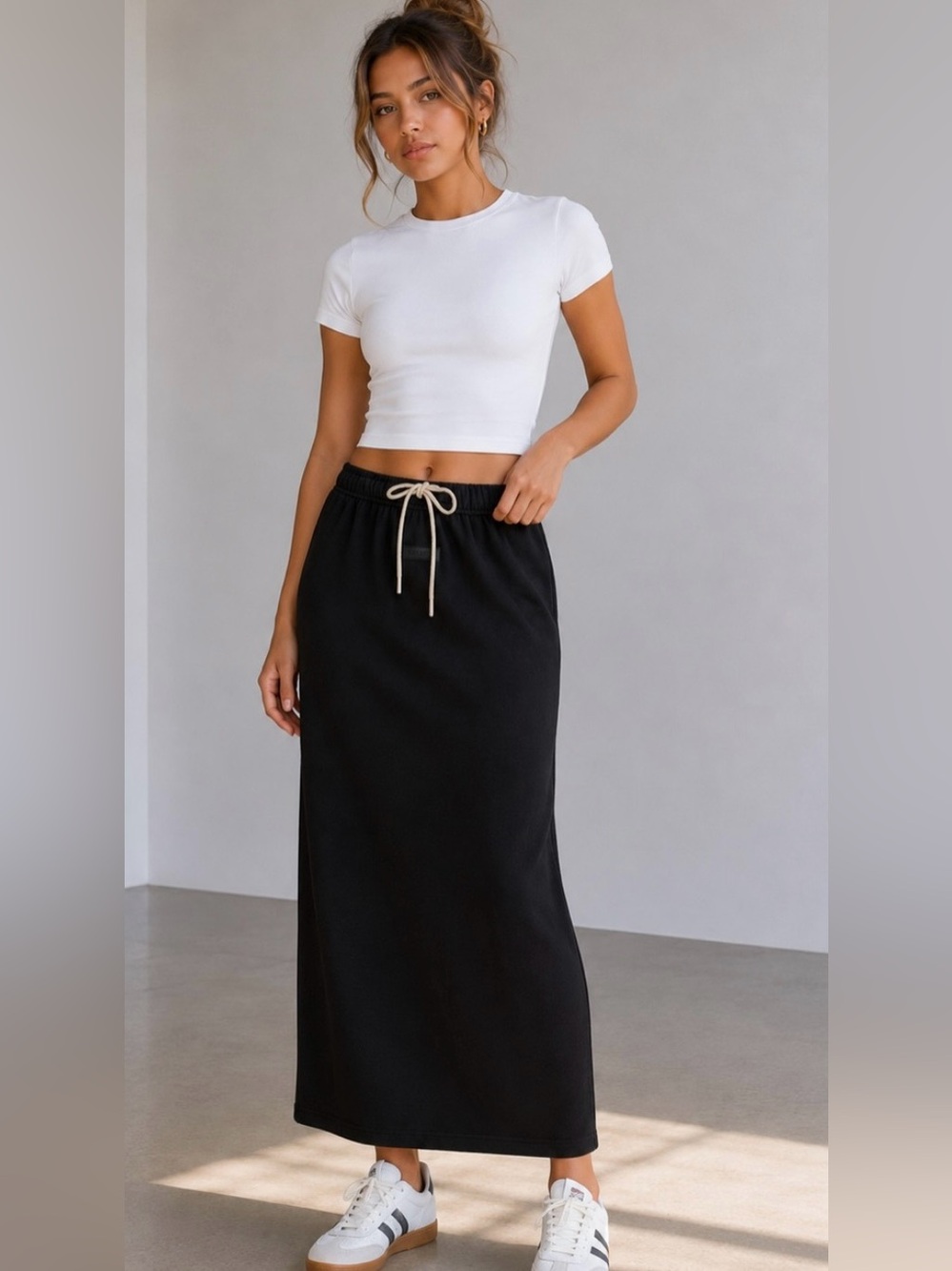 NWOT Fear of God Essentials Drawstring Cotton Maxi Skirt Black w nude drawstring